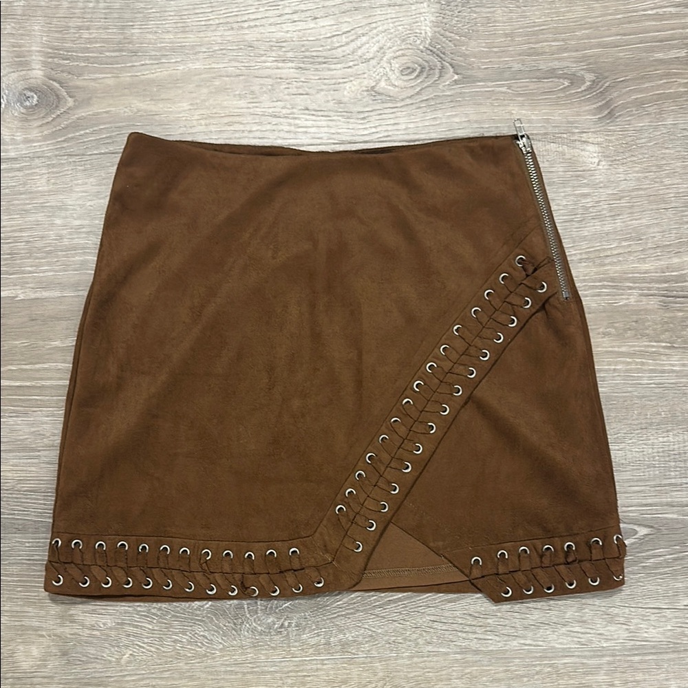 Luxe camel suede Asymmetrical Pencil Mini Skirt